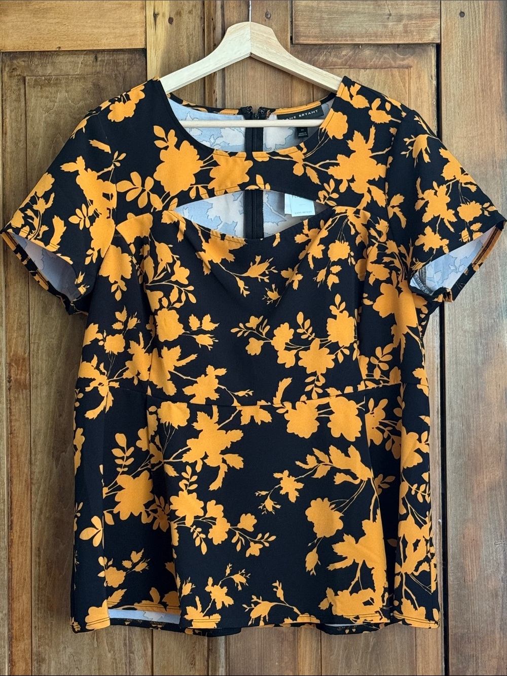 NWT Lane Bryant 16 Black Top with Mustard Floral Cutout Peplum Business Casual